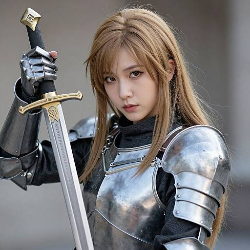 Photorealistic CGI of a young Asian woman with long brown hair, wearing shiny silver armor and holding a gold-hilted sword, looking determined.