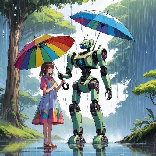 Sci-Fi Robot Sharing an Umbrella