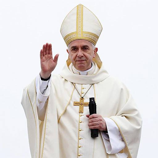Photograph of Pope Francis in white papal robes, gold cross necklace, and mitre, waving with a black object in his right hand.
