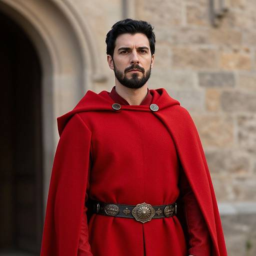 Photograph of a bearded man with dark hair, wearing a vibrant red cloak with a black belt, standing in front of a stone archway.
