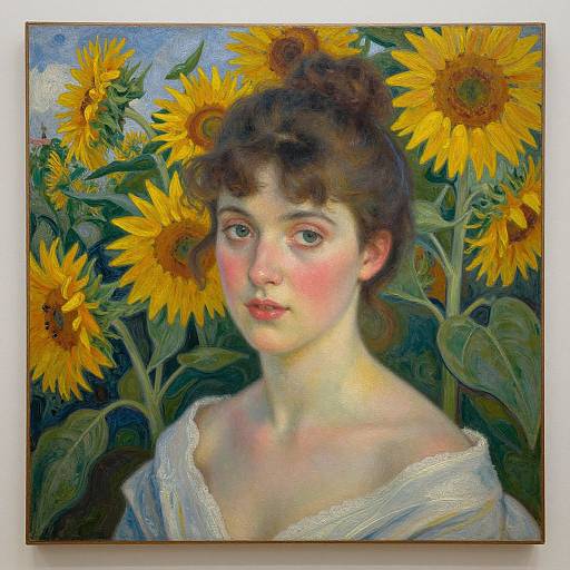 Impressionist painting of a young woman with fair skin, brown hair, and pink cheeks, wearing a white off-shoulder blouse, surrounded by