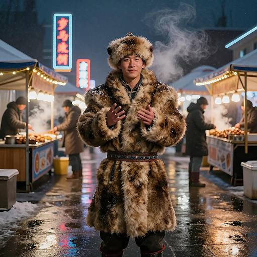 Vibrant Night Market with Mongolian Man