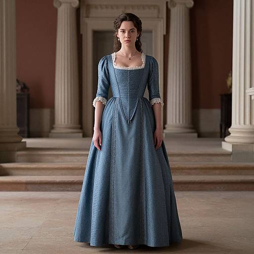 Photograph of a young woman with wavy brown hair, wearing a blue, Victorian-style, long-sleeved gown with white lace trim, standing