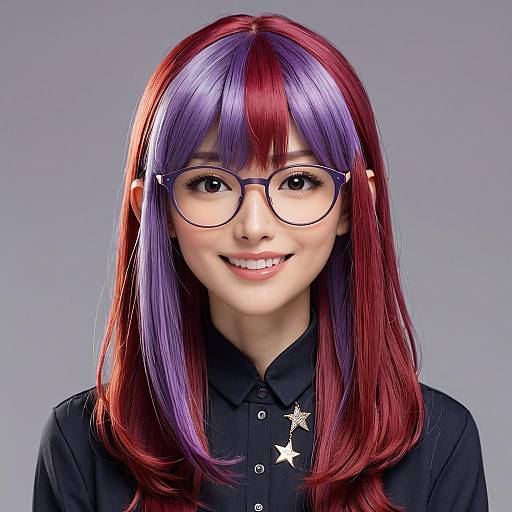 Photorealistic digital portrait of a smiling Asian woman with vibrant purple and red hair, glasses, black shirt, and star pins.