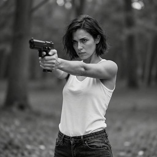 Determined Woman in Forested Black-and-White