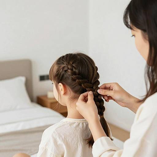 Mom Braiding Daughter's Hair in Bedroom