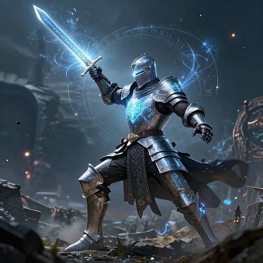 CGI image of a glowing blue-armored knight wielding a radiant, magical sword in a dark, futuristic, ruined landscape.