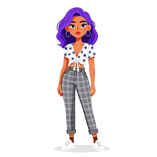 Digital illustration of a confident woman with purple hair, wearing a white floral crop top, high-waisted plaid pants, hoop earrings, and brown
