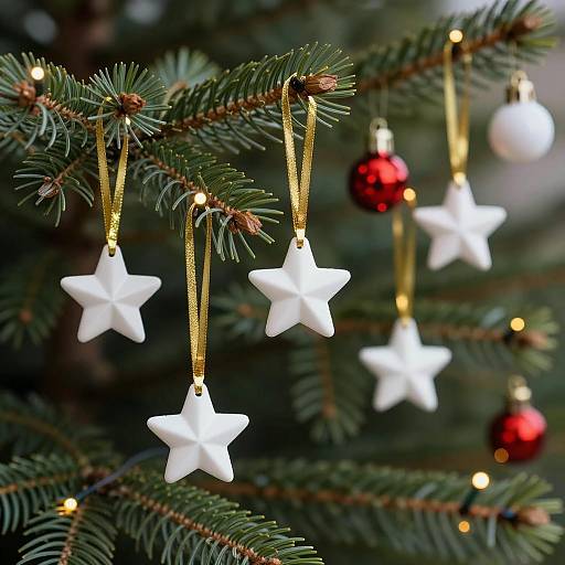 White Star Christmas Ornaments on Pine Tree