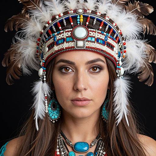 Photograph of a young woman with brown eyes, wearing a colorful Native American-style headdress with feathers, beaded details, turquoise earrings, and a