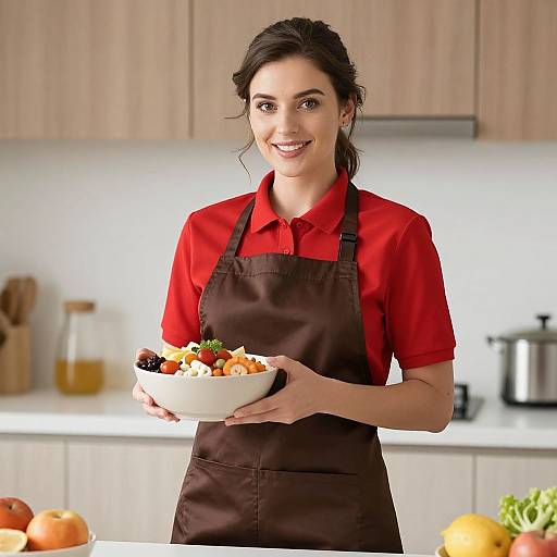 Photograph of a smiling woman with dark hair in a red shirt and brown apron, holding a bowl of colorful salad in a modern kitchen with wooden