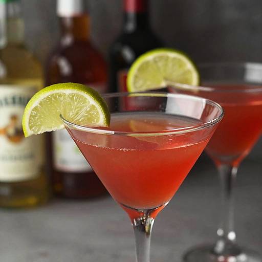 Photograph of two vibrant red cocktails in martini glasses, each garnished with a lime slice, against a blurred background of assorted liquor bottles.