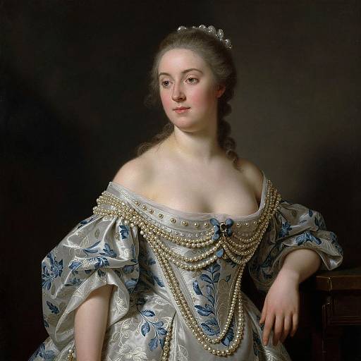 Photograph-style portrait of a white, 18th-century noblewoman with fair skin, brown hair in a bun, wearing an off-shoulder
