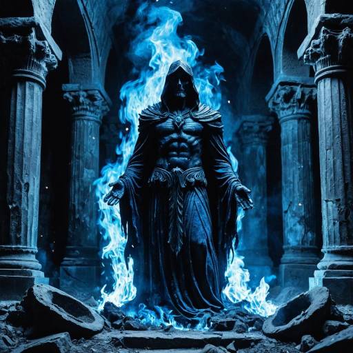 Hades Statue with Blue Flames in Ancient Catacombs