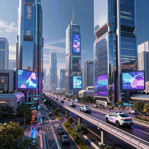 Digital illustration of a futuristic cityscape with towering, illuminated skyscrapers, bustling highway traffic, and vibrant neon advertisements under a clear blue sky.