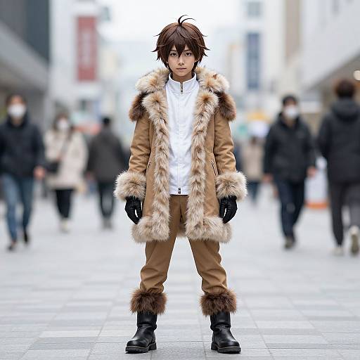 Photorealistic CGI of a young man with brown hair, wearing a fur-trimmed brown coat, white shirt, black gloves, and boots,