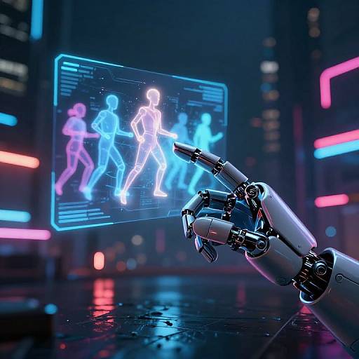 Digital artwork of a robotic hand pointing at a neon blue holographic screen showing dancing humanoid figures in a futuristic cityscape.