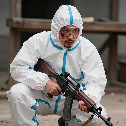 Bloodied Hazmat Operative Crouched With Rifle
