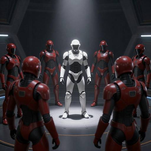 Sci-Fi Scene with White Armored Figure Surrounded by Red Soldiers