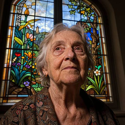 Photograph of an elderly woman with wrinkled skin and gray hair, wearing a floral-patterned blouse, standing in front of a colorful stained glass window
