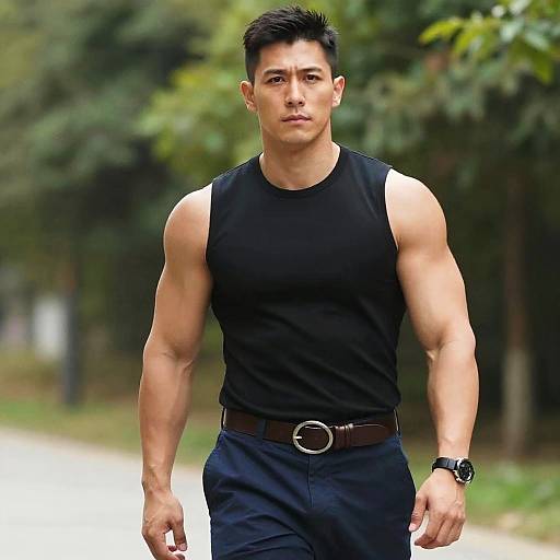 Photograph of a muscular Asian man with short black hair, wearing a black sleeveless shirt, black pants, brown belt, and black watch, walking