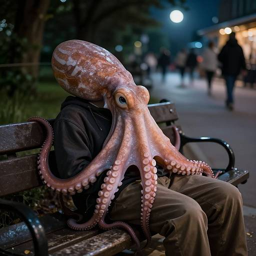 Photograph of a person wearing a detailed octopus mask, black hoodie, and brown pants, sitting on a park bench at night. Blurred city