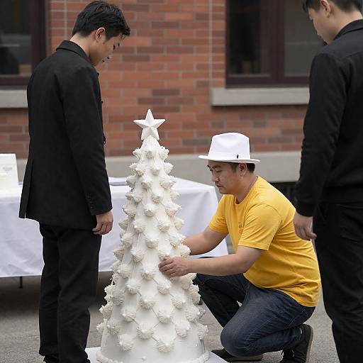 Men Adjusting White Christmas Tree Cake Outdoors