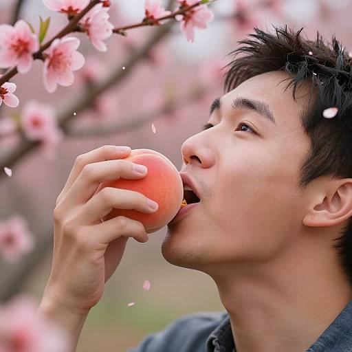 Man Enjoying Peach Beneath Blossoming Tree