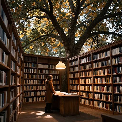 Photograph of a woman with long hair in a brown coat, sitting at a wooden desk in a sunlit library surrounded by tall bookshelves and