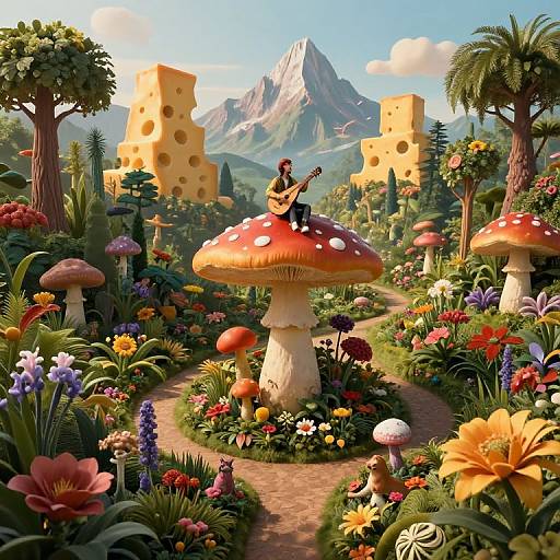 Digital fantasy illustration of a guitarist on a giant red mushroom in a colorful, whimsical garden with towering cheese blocks and a mountainous backdrop.