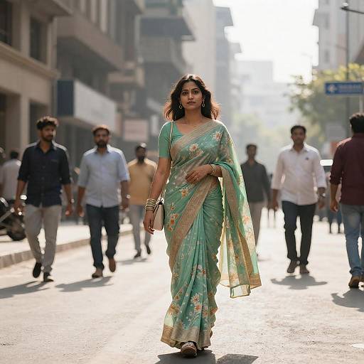 Confident Woman in Floral Saree on Urban Street