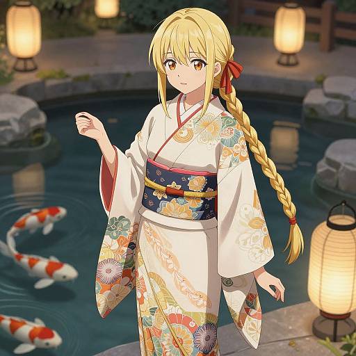 Anime-style drawing of a blonde girl in a floral kimono, standing by a lantern-lit pond with koi fish, at night.