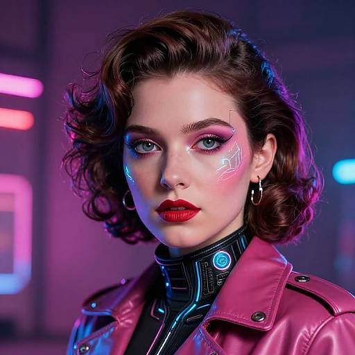 Digital portrait of a fair-skinned woman with red lipstick, blue eyes, and curly brown hair, wearing a red leather jacket and neon face paint,