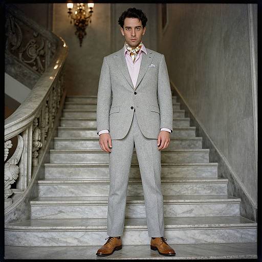Photograph of a handsome man with dark hair, dressed in a gray suit, white shirt, patterned tie, and brown shoes, standing on a