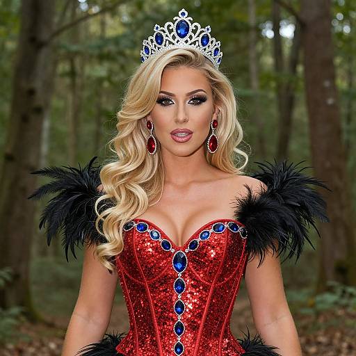 Blonde woman with wavy hair, wearing a red sequin corset with blue gems, black feather shoulders, and a silver tiara, stands