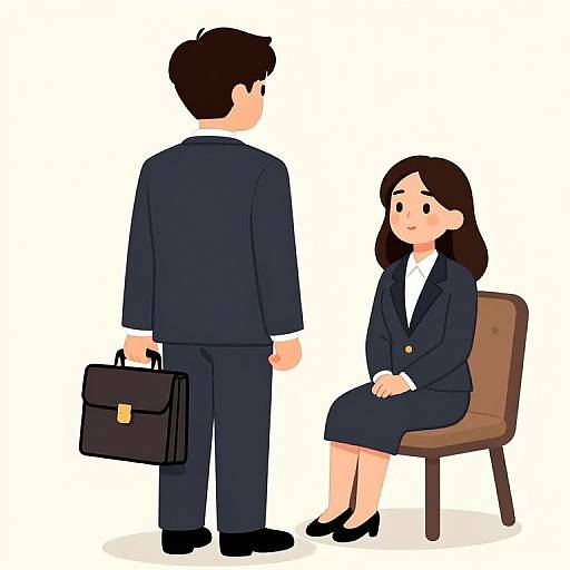 Digital illustration of a man in a dark suit standing with a briefcase, facing a seated woman in a matching suit and black heels, on a plain