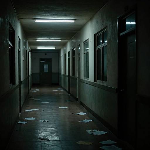 Dark, empty hallway with fluorescent lights, tiled floor, scattered papers, and dimly lit windows. Moody, eerie atmosphere. Photograph.