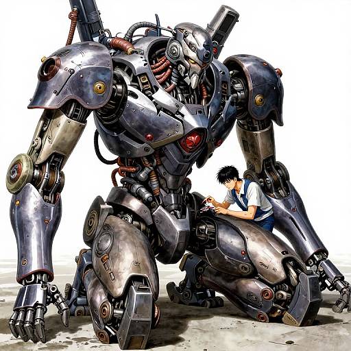 Digital illustration of a young man in a blue shirt repairing a large, metallic, robotic creature with intricate gears and joints.