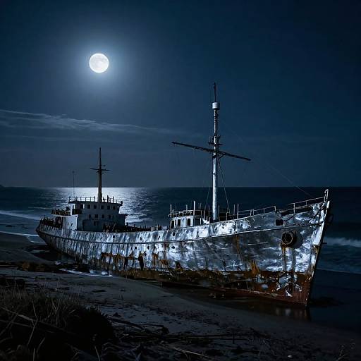 Photograph of a rusted, abandoned ship illuminated by moonlight against a dark, reflective sea and night sky, with a full moon overhead.