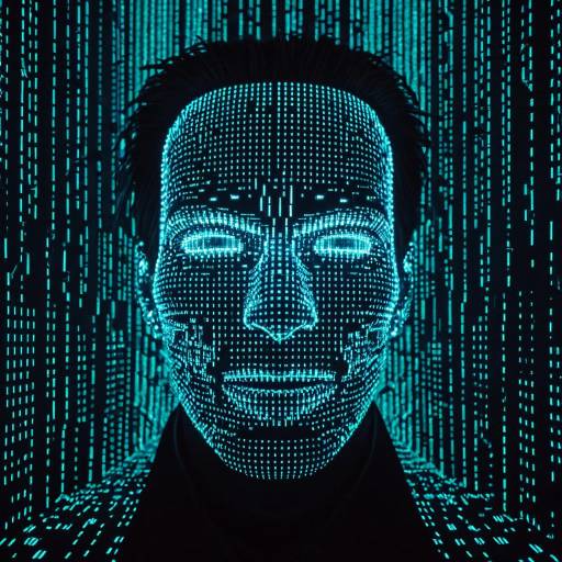 Digital Face Emerging from Neon Matrix
