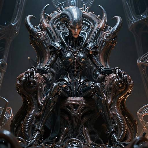 CGI image of a metallic, alien-like creature with intricate, serpentine armor and glowing eyes, seated on a complex, throne-like structure.