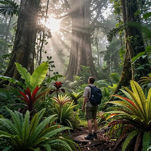 Photograph of a hiker with a blue backpack, standing in a sunlit, misty redwood forest, surrounded by lush green ferns.