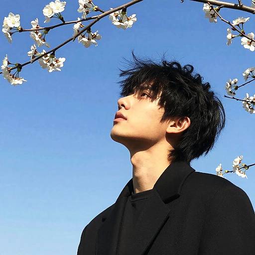 Young Man Looking Up at Blossoms