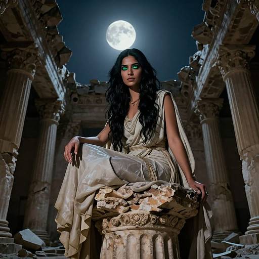 Photograph of a dark-haired woman with green eye makeup, in a white, flowing ancient gown, sitting on a broken column under a full moon in