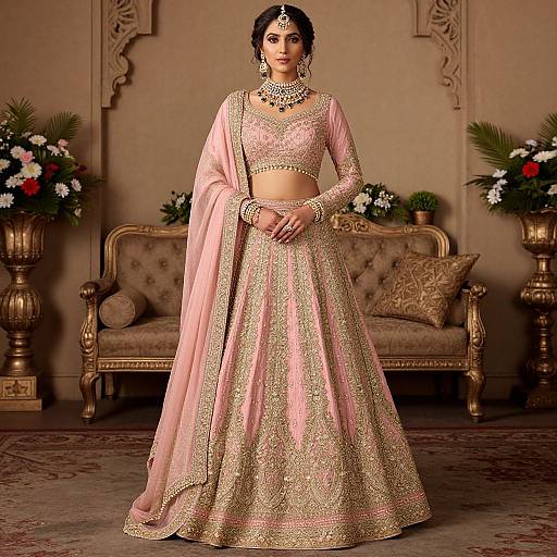 Elegant Woman in Pink Gold Lehenga