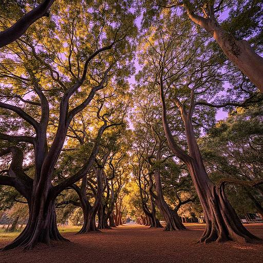 Photograph of a sunlit tree grove with tall, twisted trunks and vibrant yellow-orange leaves, casting shadows on the brown forest floor, under