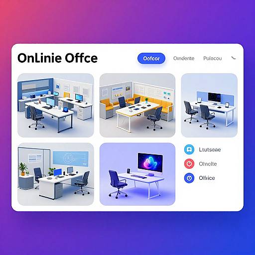 Digital image of six modern office layouts: diverse desks with computers, chairs, and decor, in white, blue, and orange backgrounds.