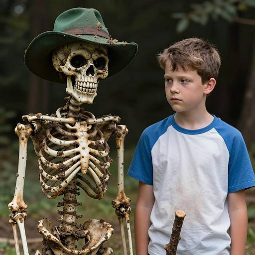 Boy Standing Next to Skeleton with Green Hat