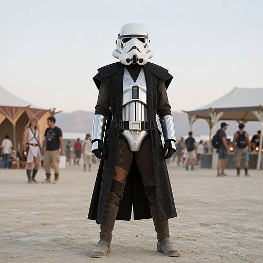 Photograph of a person in full white Stormtrooper armor, black trench coat, and silver chest plate, standing in a desert festival with tents and