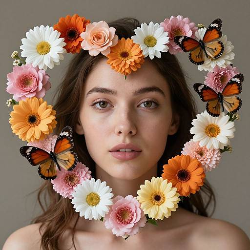 Photograph of a young woman with fair skin and brown eyes, framed by a circular wreath of white, orange, and pink flowers with orange and
